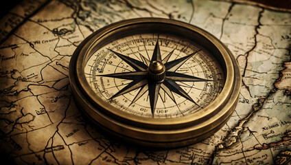 Fototapeta premium Antique brass compass on a vintage map.