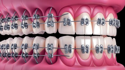 Close-up 3D-rendered illustration of teeth with metal braces, highlighting orthodontic care and dental health. Ideal for themes related to dentistry, oral health, and orthodontic treatments