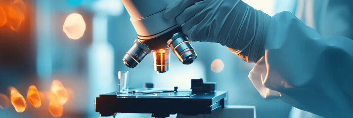 Science banner with close-up of scientist’s hand adjusting microscope, soft lighting, space for text on the left
