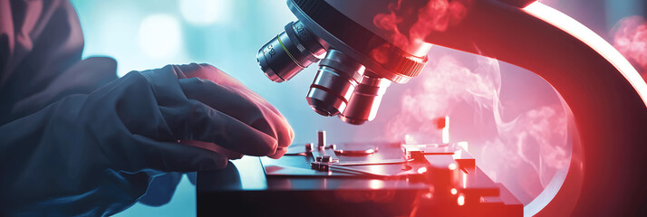 Science banner with close-up of scientist’s hand adjusting microscope, soft lighting, space for text on the left