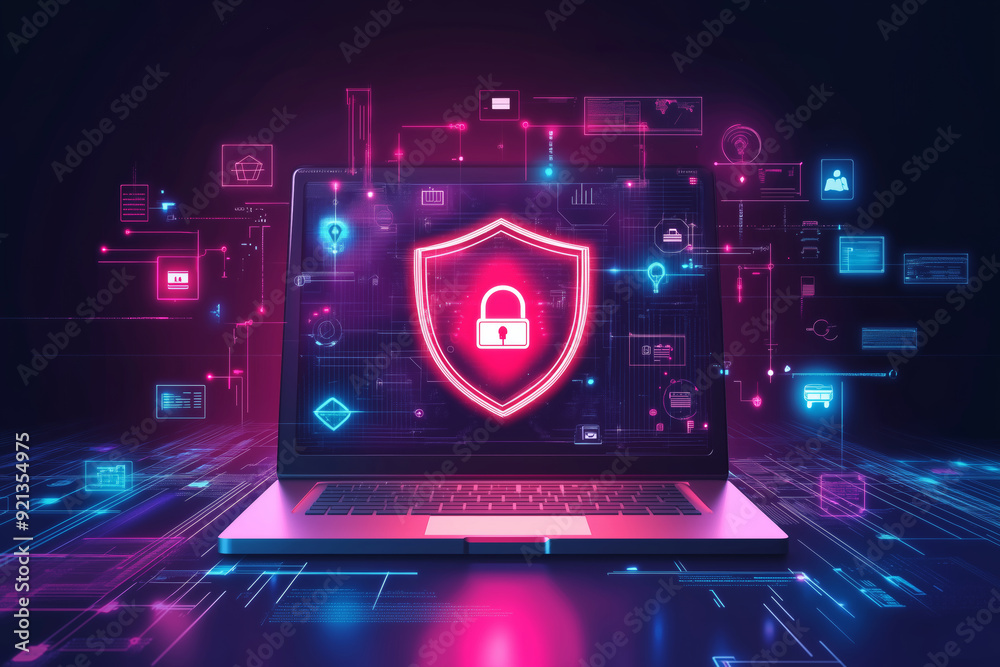 Poster a vibrant digital shield symbolizing cybersecurity protection on a sleek laptop, surrounded by glowi