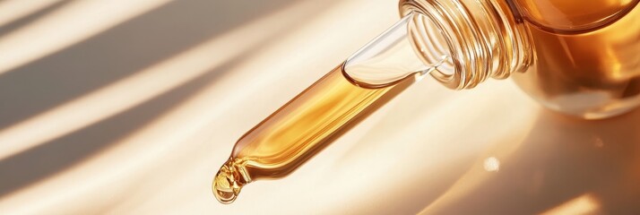 A close-up image of a dropper bottle with golden serum, emphasizing the light and shadow interplay, showcasing quality, purity, and natural beauty.