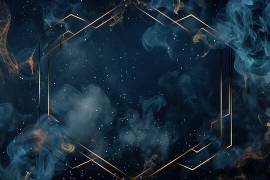 A dark navy blue background with a gold hexagonal frame for the text, with swirling smoke and dust Generative AI - Powered by Adobe