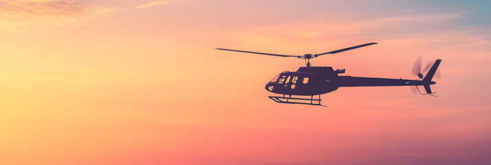 Obraz premium Transportation banner with silhouette of helicopter hovering at dawn, soft gradient background, space for text