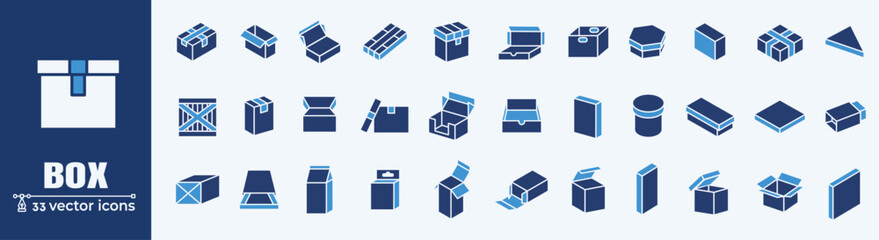 Box and package related icons: thin vector icon set, black and white kit