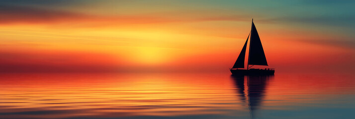 Transportation banner with silhouette of sailboat at sunset on calm sea, space for text at the bottom