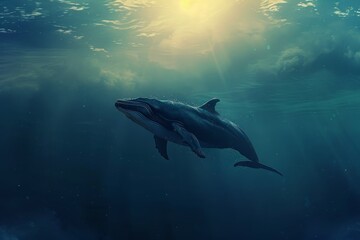 Fototapeta premium A dolphin gracefully swims in the ocean under the sun, Majestic creature swimming gracefully in the vast ocean
