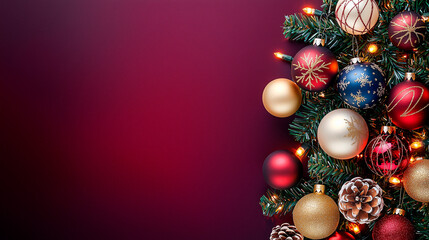 Festliche Weihnachtsbaumdekoration mit gl&auml;nzenden Christbaumkugeln und Lichtern, traditioneller Schmuck, festliche Stimmung, Nahaufnahme, Bokeh-Effekt