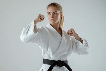 Determined karate practitioner striking a pose in a pristine dojo setting