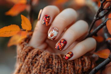 Autumn-themed manicure with leaves against an autumn tree background