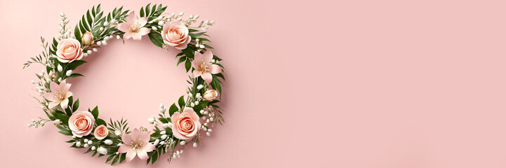 Flowers and leaves in a wreath on a pink background. Abstract frame made of natural colors with space for copying. International Women's Day, Mother's Day, copy space, banner