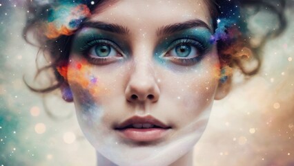 Surreal Close-Up of Woman with Cosmic Face and Celestial Eyes
