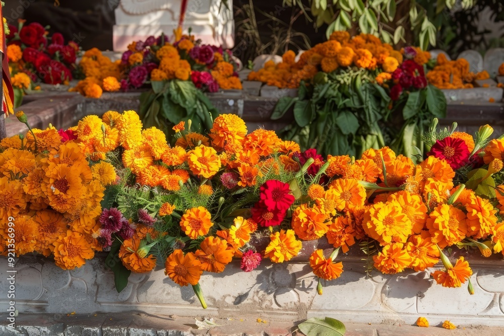 Poster A group of vibrant marigolds and assorted flowers arranged on a ledge, Marigolds and other vibrant flowers adorning altars and graves