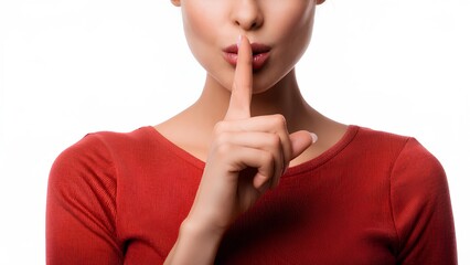 A woman shows a sign of silence with her index finger. A girl points her finger at her own lips.