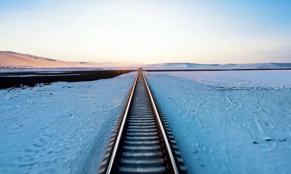 The railway tracks along the vast salt desert expanses create a distinct line in the white, almost endless desert.
