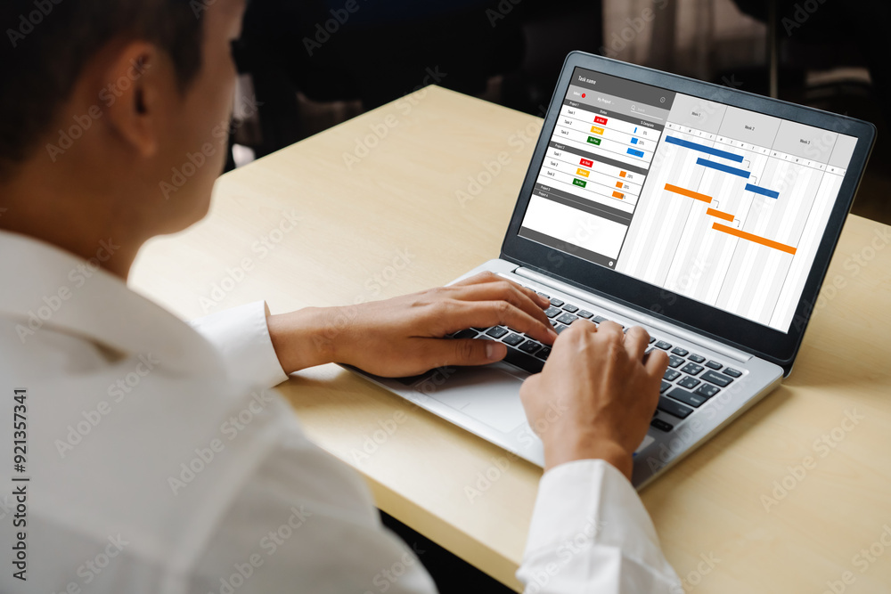 Poster project planning software for modish business project management on the computer screen showing time