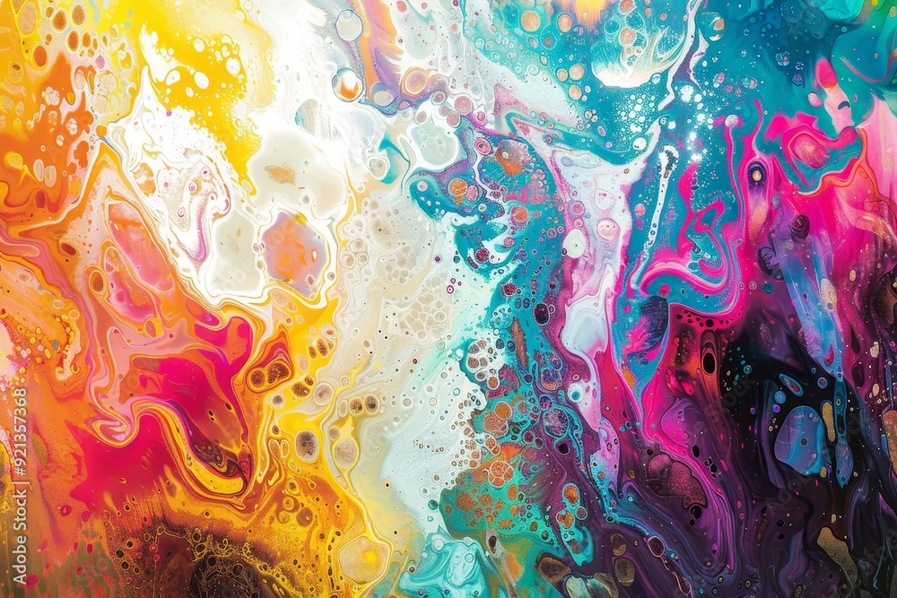 Poster a multi-colored and diverse abstract painting displaying a variety of shapes and hues in a dynamic c