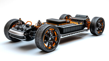 Detailed view of an electric car chassis featuring battery pack, motors, suspension, and wheels. Showcases the advanced engineering of EV powertrains and components. AI generated. AI generated