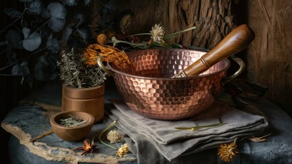 antique singing bowl, wooden pestle, rustic setting, wooden table, dim lighting, soft focus, dried flowers, cozy atmosphere, warm tones, detailed texture, serene ambiance, spiritual object, harmonious