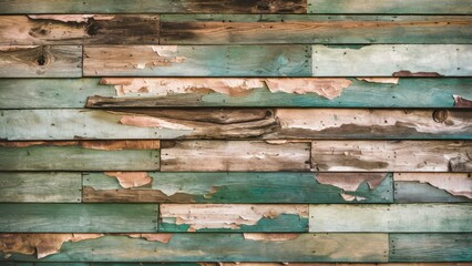 rustic wooden planks, aged and weathered texture, peeling paint, shades of green and blue, cracked and distressed surface, vintage and worn look, reclaimed wood wall, detailed and realistic, high reso