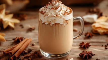 A café latte with whipped cream, garnished with a sprinkle of cinnamon and a star anise, served in a glass. The drink's creamy texture is complemented by the aromatic spices, creating a visually 
