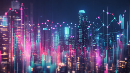 Obraz premium Smart digital city with connection network that is at the cutting edge of innovation in technology and business with bright, modern skyscrapers. Backgrounds for technology and charts and graphs