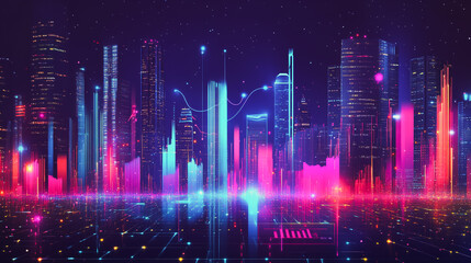 Fototapeta premium Smart digital city with connection network that is at the cutting edge of innovation in technology and business with bright, modern skyscrapers. Backgrounds for technology and charts and graphs