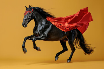 Dynamic Black Horse Leaping with Red Cape at yellow background