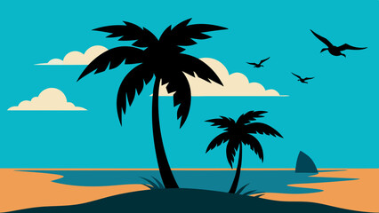 Beach palm tree silhouette vector art illustration