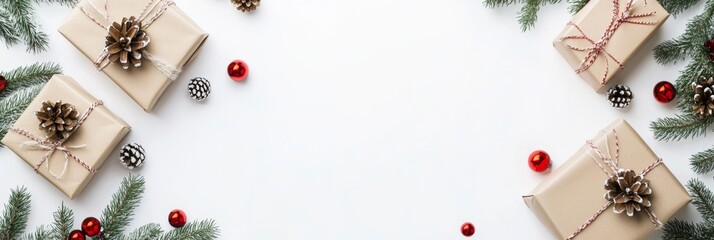Fototapeta na wymiar Festive gifts with fir branches and pinecones on white background