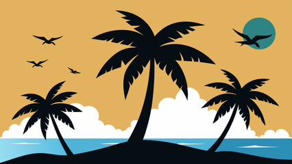 Beach palm tree silhouette vector art illustration