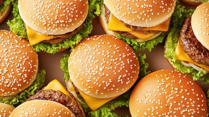 Pattern with cheeseburgers top view. Burgers background.