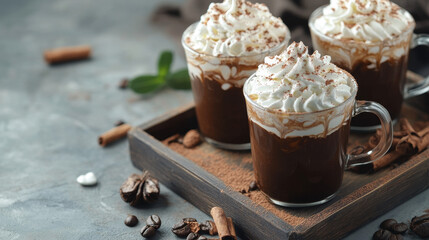 A coffee cocktail mocha with whipped cream, served on a wooden tray, set against a stone gray background. The delicious homemade dessert features a rich blend of coffee, milk, and cocoa, topped