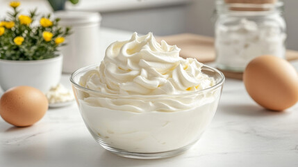 Whipped egg whites, used to make cream, displayed on a wooden background. The frothy, airy texture of the whipped egg whites is highlighted, emphasizing their smooth, fluffy consistency. 
