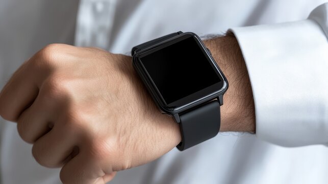 Close up of businessman wearing black smartwatch