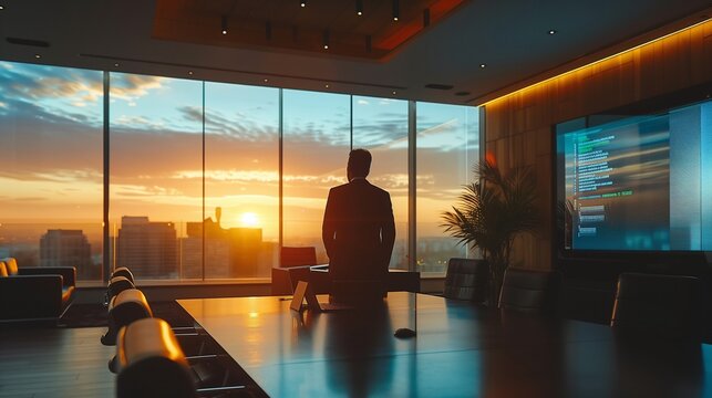 Businessman Looking Out Window At Sunset