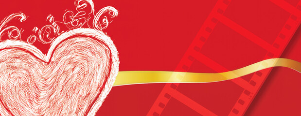 Golden ribbon adorning a curly heart against a red background with a 35mm movie film. A conceptual illustration of cinephilia.