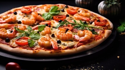 Delicious Seafood Pizza with Shrimps, Tomatoes and Herbs