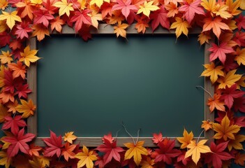 Autumn leaves frame a blank chalkboard surrounded by vibrant fall colors