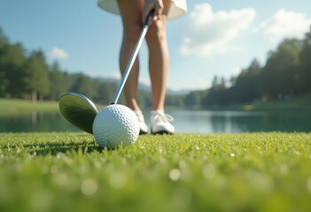 Golfer preparing to swing at a lush course by the lake in the afternoon sunlight