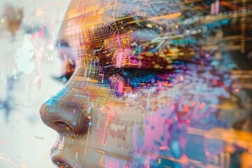 Close-up of a persons face with vibrant, colorful lines decorating their skin, Merge the worlds of art and technology through a binary lens