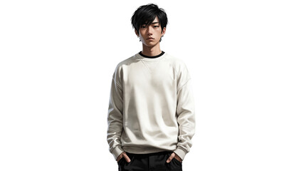 Fototapeta premium Portrait of young asian man, short hair, in white oversized crewneck, isolated on white transparent background, mockup, emo