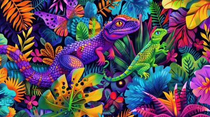 Fototapeta premium Two brightly colored reptiles navigate through an exuberant tropical jungle rich in foliage and flowers