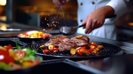 Naklejka premium Chef Grilling Steak and Vegetables