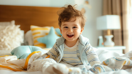 Fototapeta premium A Joyful and Cute Toddler is Happily Playing on a Soft Bed Surrounded by Cozy Blankets and Bright Decor in a Cheerful Bedroom Setting