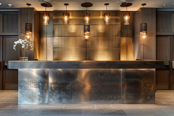 Stylish boutique hotel lobby with matte metal reception desk.