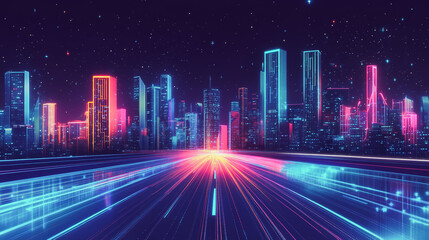 Fototapeta premium Smart digital city with connection network that is at the cutting edge of innovation in technology and business with bright, modern skyscrapers. Backgrounds for technology and charts and graphs