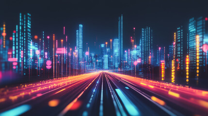 Fototapeta premium Smart digital city with connection network that is at the cutting edge of innovation in technology and business with bright, modern skyscrapers. Backgrounds for technology and charts and graphs