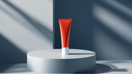 A round podium featuring a red tube of sunscreen standing prominently on it. The setup emphasizes the concept of protection against ultraviolet rays and the harmful effects of the sun on the skin,