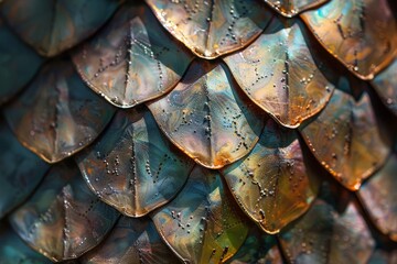 Fototapeta premium Detailed view of a dragons metallic scales covered in water droplets, Metallic scales gleaming under the sunlight